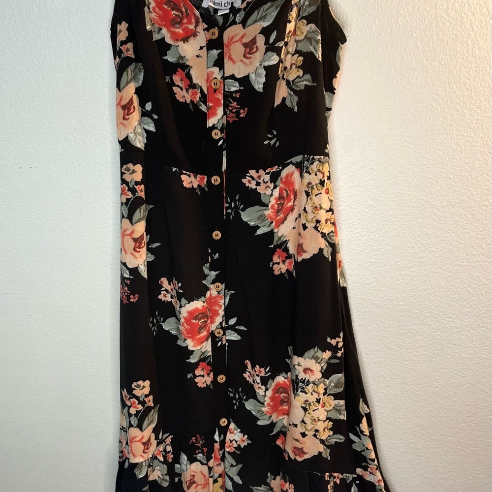 Mimi Chica Floral Button-Front Midi Dress - Black w/coral/pink - Cottagecore